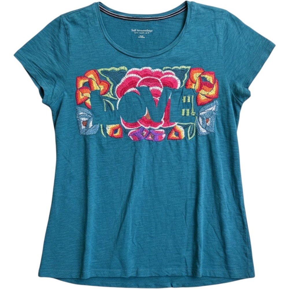 Soft Surroundings Teal Blue Slub Knit Floral Embroidered LOVE Graphic Tee Large